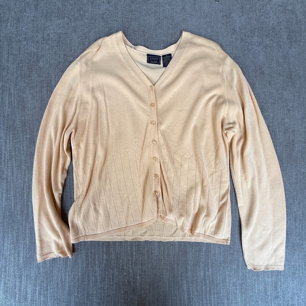 Vtg Laura Scott Cardigan Sweater Womens XL Peach Pointelle Detail Button Front